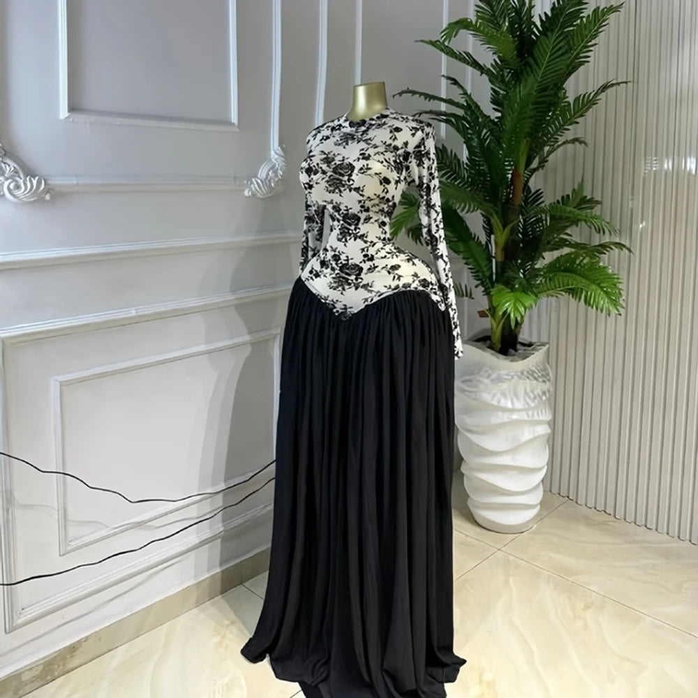 Two Color Patchwork Women Dress Fashion Sheer Mesh Top Long Sleeve Maxi Dress Parties Wear Elegant African Robe with Inner Dress