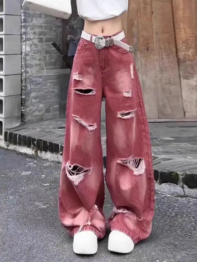 Women's Pink Y2k Ripped Cargo Jeans Harajuku Denim Trousers Aesthetic Y2k Jean Pants Vintage Japanese 2000s Style Trashy Clothes