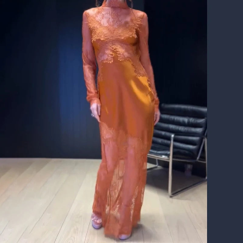 Lace Mock Neck Maxi Dress Women Sheer Lace Overlay Satin Lining Long Sleeve Mermaid Hem Vestidos Elegant Formal Ladies Gown