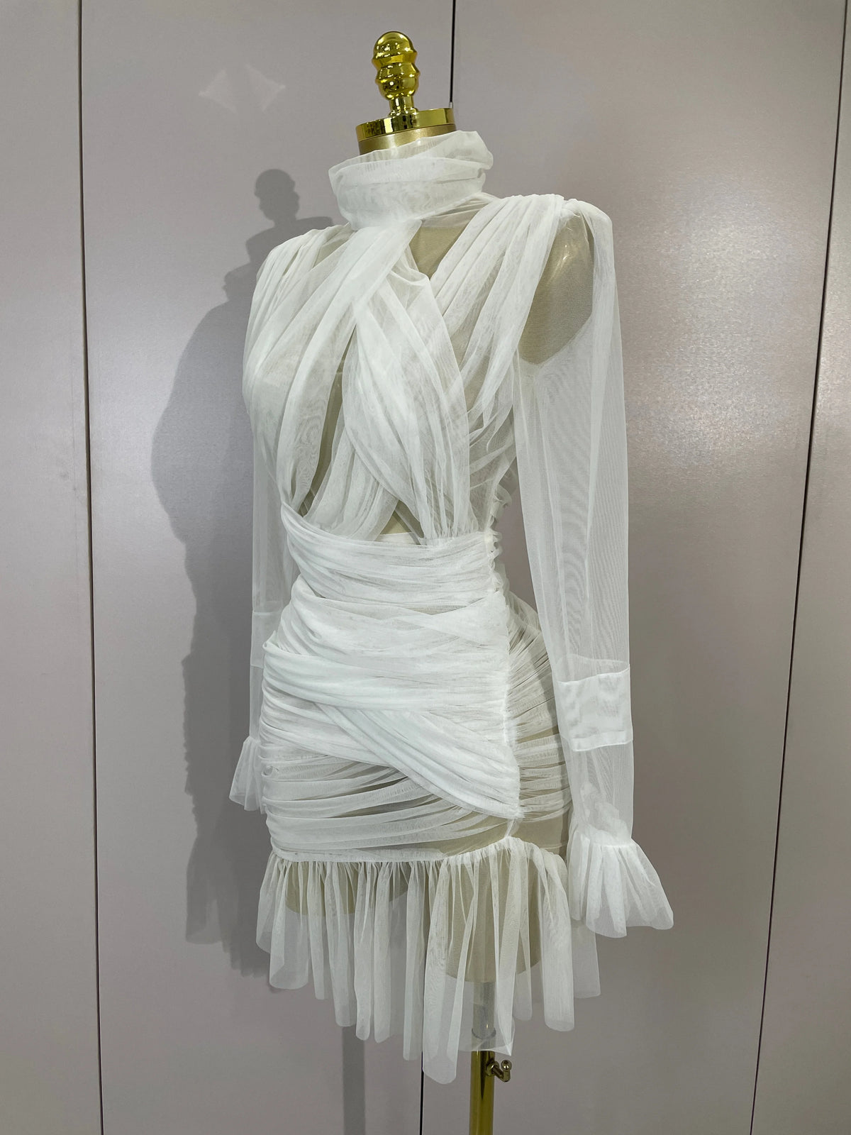 Elegant White High Collar Long Sleeve Solid Mesh Sexy See Through Ruffle Mini Dress Women Evening Club Party Birthday Dresses