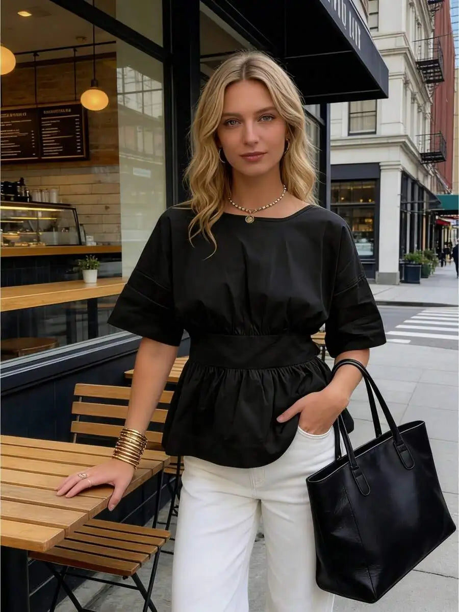 Womens Summer Peplum Top Casual Solid Color Backless Loose Hem Bow Crew Neck Elbow Sleeve Blouse