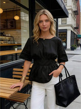 Womens Summer Peplum Top Casual Solid Color Backless Loose Hem Bow Crew Neck Elbow Sleeve Blouse