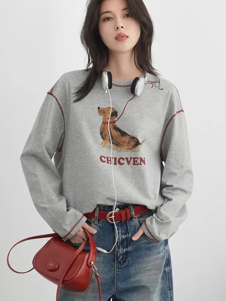 CHIC VEN Women T-Shirts Loose Casual Long Sleeve Animal Dog Printed Female Tees Contrasting Stitching Top Spring Summer 2025