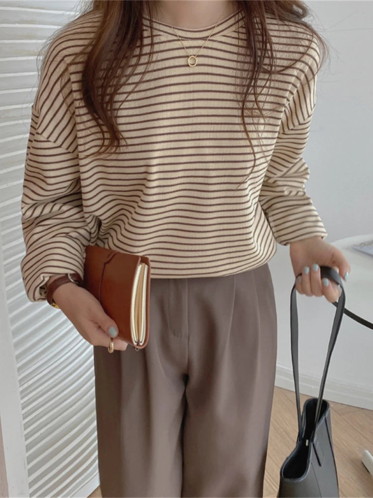 Alien Kitty Coffee Stripes Cotton T-Shirts Women Loose-Fitting Autumn 2023 Hot Sale Lady Casual Full Sleeve Chic All Match Tops