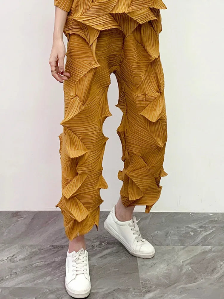GVUW Diamond Pleated T-shirt For Women Solid Color Loose Luxury Top 2025 Autumn Three Quarter Sleeve Female Clothing 17D2822