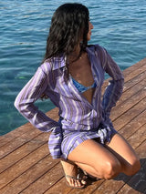 2026 Women Chic Vacation Outfits Fashion Striped Print Sheer Chiffon Shirt Casual Turn-down Collar Mini Dress & Detachable Scarf