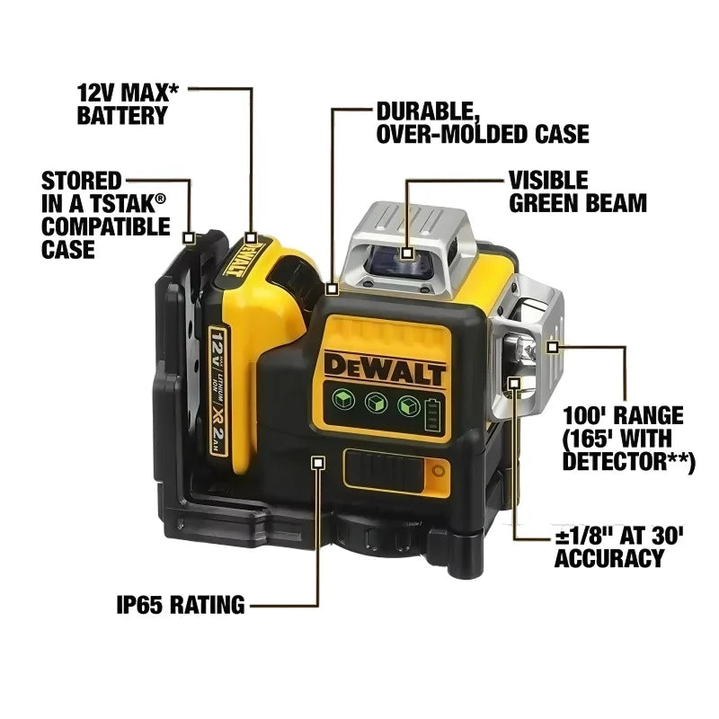 DEWALT 089 12-Line 3-Side 360° Green Laser Level 12V for Outdoor Construction Strong Light Absorption Fixation