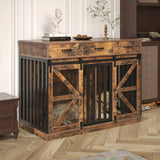 2-In-1 Farmhouse Dog Crate Furniture - Wooden Large Dog Kennel with Drawers Storage - Double Doors - Indoor TV Stand - Inner Hei