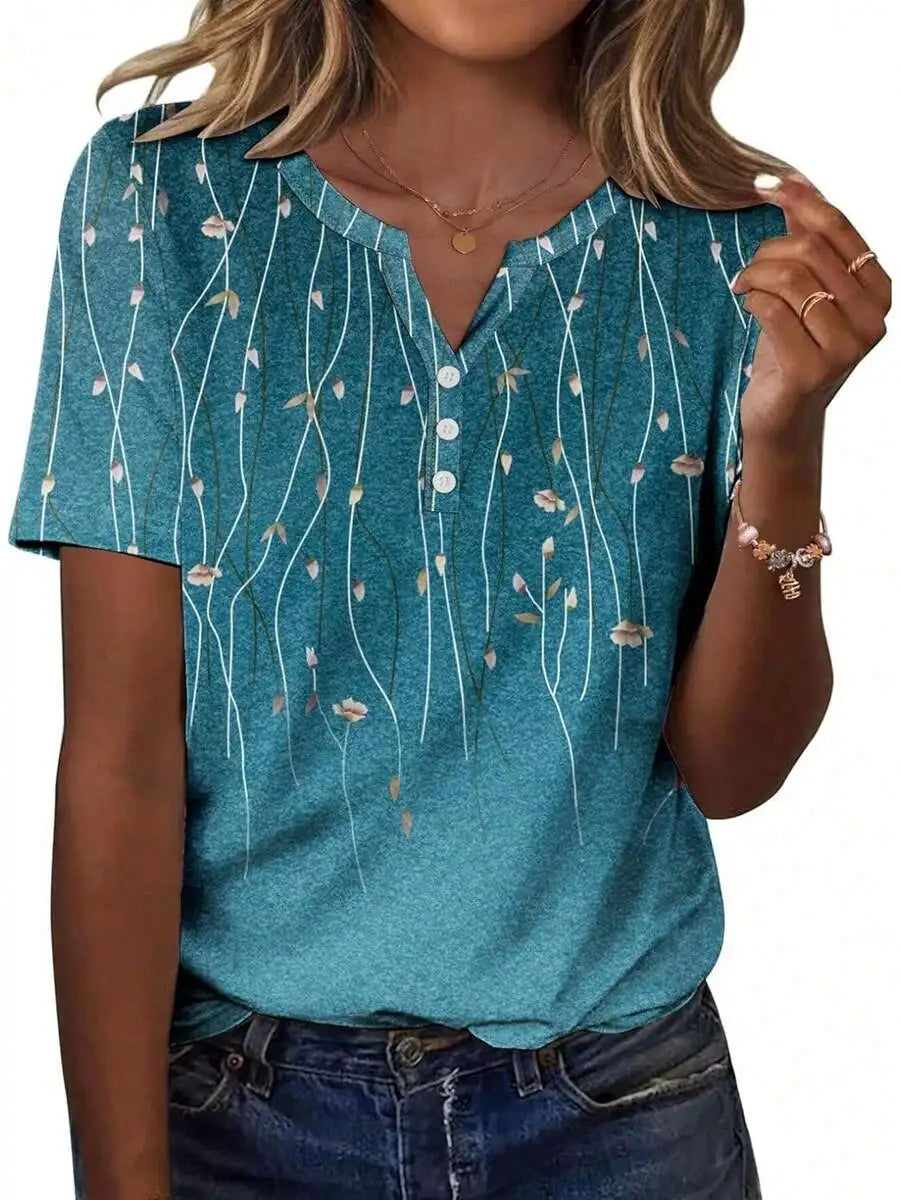 Womens Casual Short Sleeve V-Neck Floral Print Top