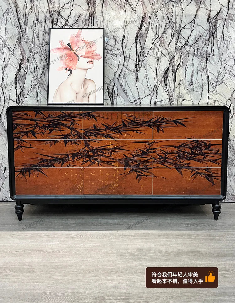 D14 Medieval ink bamboo solid wood bucket cabinet, living room storage, bedroom decorative storage cabinet