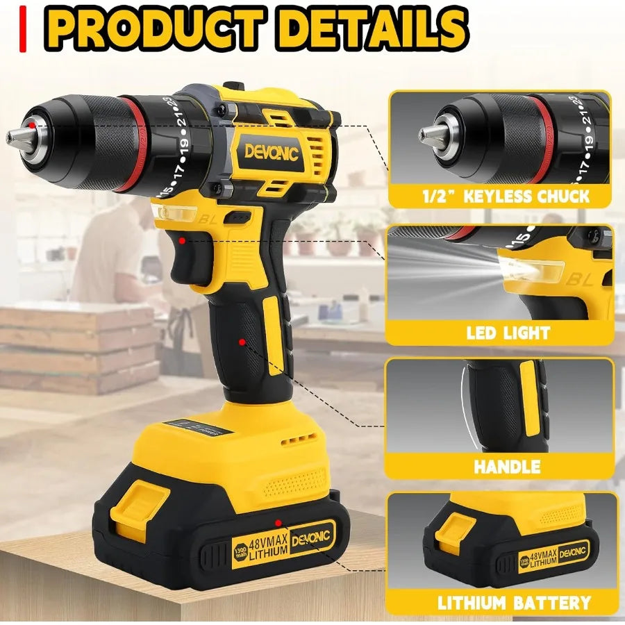 21V Brushless Cordless Drill with 2 Batteries and Fast Charger for Home and Professional Use 1/2 Inch Keyless Chuck Up to 450 I