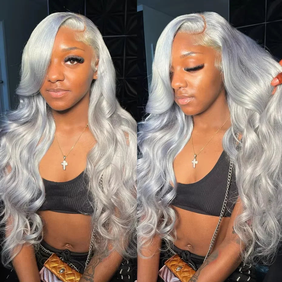 13x6 Silver Grey Colored Lace Front Wigs For Women Gray Long Body Wave Remy Transparent Lace Frontal Human Hair Wig Pre Plucked