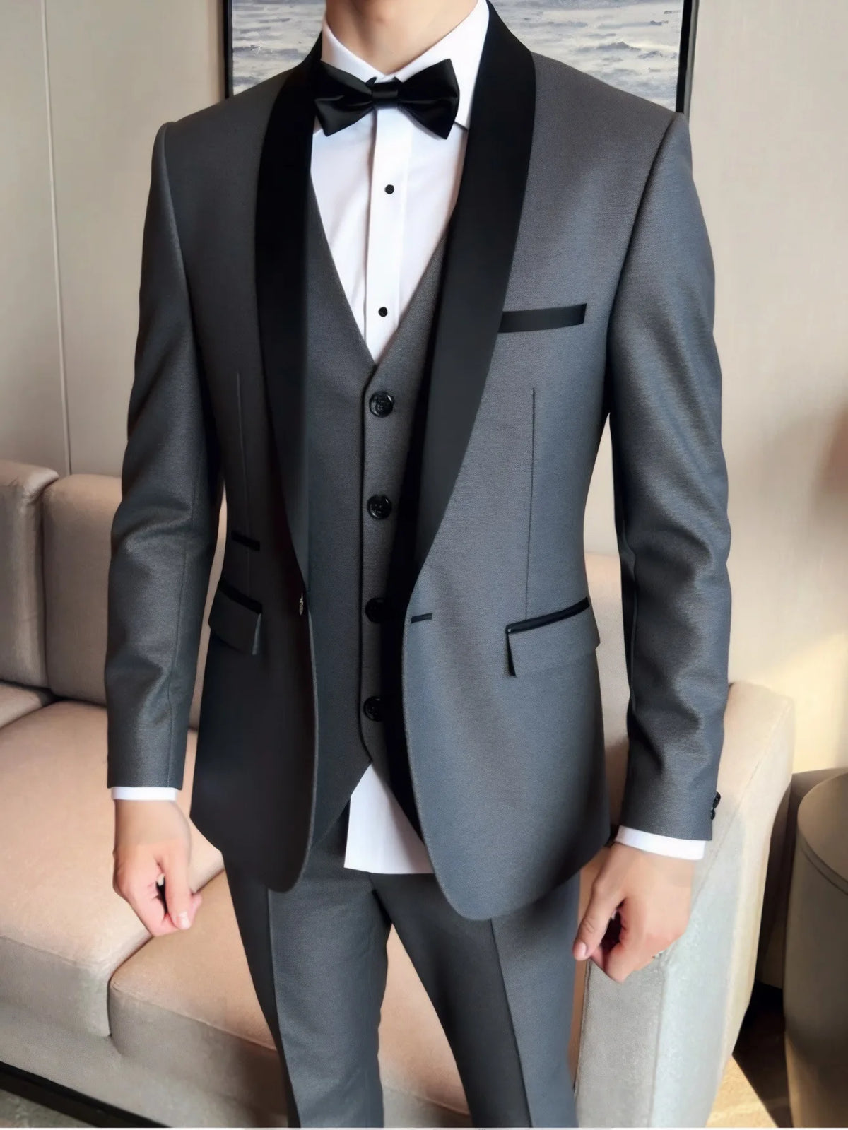 3 Pieces Set Formal Slim Fit Tuxedo Prom Suit Men Groom Wedding Blazers High Quality Groomsman Business Banquet Party Suit