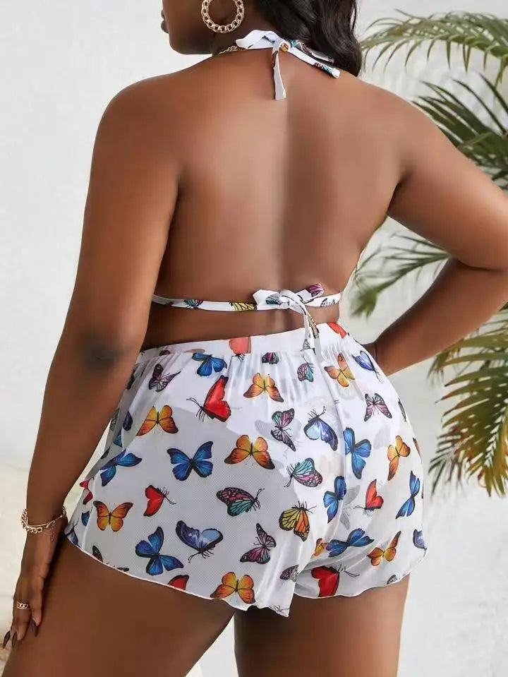 2026 Butterfly Print Plus Size Tankini Set Women Large Mesh Shorts SwimWear Ladies Beach Curvy Halter Backless 3 Piece Swimsuit