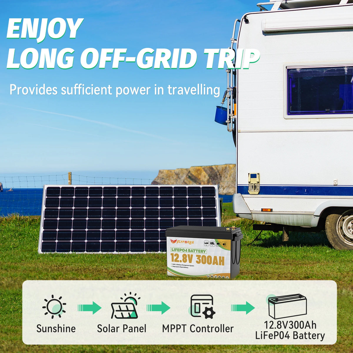FLLYROWER 12V 300Ah LiFePO4 Lithium Battery Pack With 200A BMS Energy Deep Cycles For Off-Grid Motorhome Solar System RV Boat