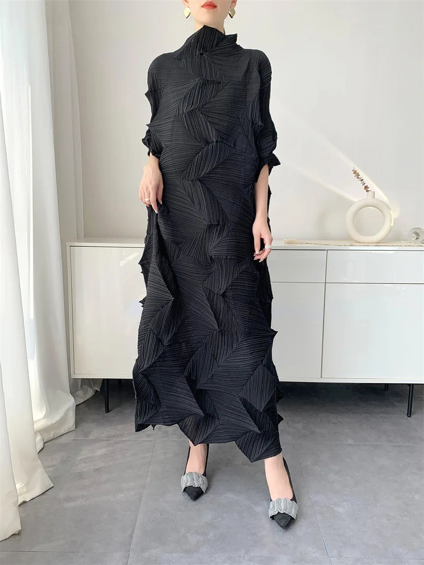 LANMREM Pleated Long Dress For Women Elastic Loose Irregular Pleated Stand Collar Pullover Famale Clothing Half Sleeve 2DB4256