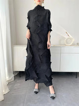 LANMREM Pleated Long Dress For Women Elastic Loose Irregular Pleated Stand Collar Pullover Famale Clothing Half Sleeve 2DB4256