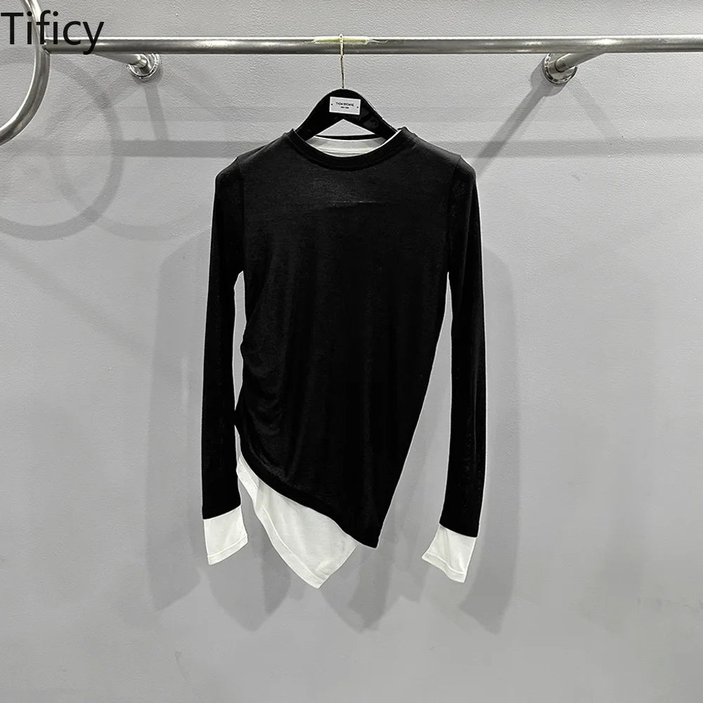 TIFICEY Women's Spring/Summer New Minimalist Design Black and White Fake Two-piece Long Sleeved T-shirt Knit Base Tops