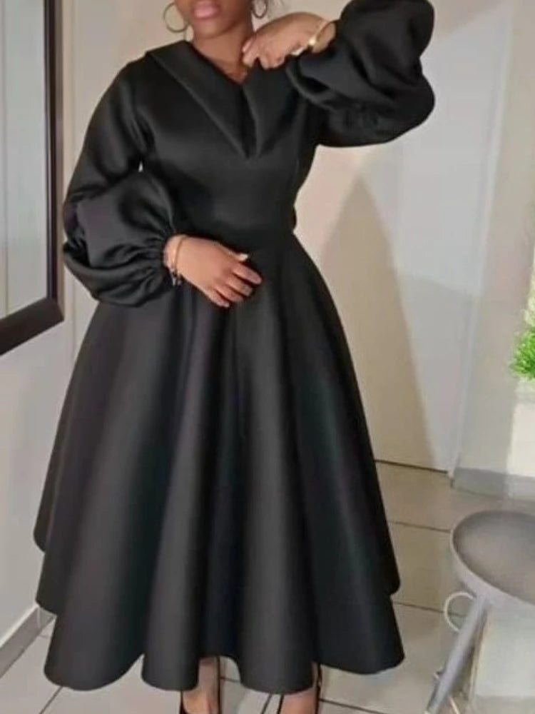 Women Church Dresses A Line Long Lantern Sleeve Turn Down Collar Party Christmas Celebrate Occasion Birthday Stylish African New