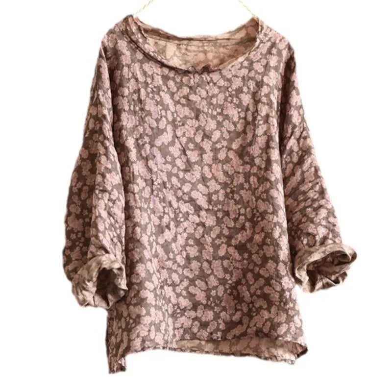 Johnature Vintage Summer Ramie Women T-Shirts Print Floral O-neck Long Sleeve 2025 New Chinese Style Women Clothes Casual Tees