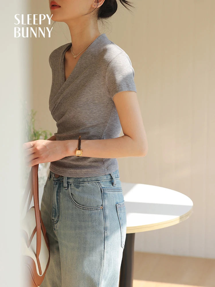 Chic Cross V Neck T Shirt Slim Fit Short Sleeve Top Elegant Casual Summer Blouse for Women High Waist Stylish Daily Wear Outfit