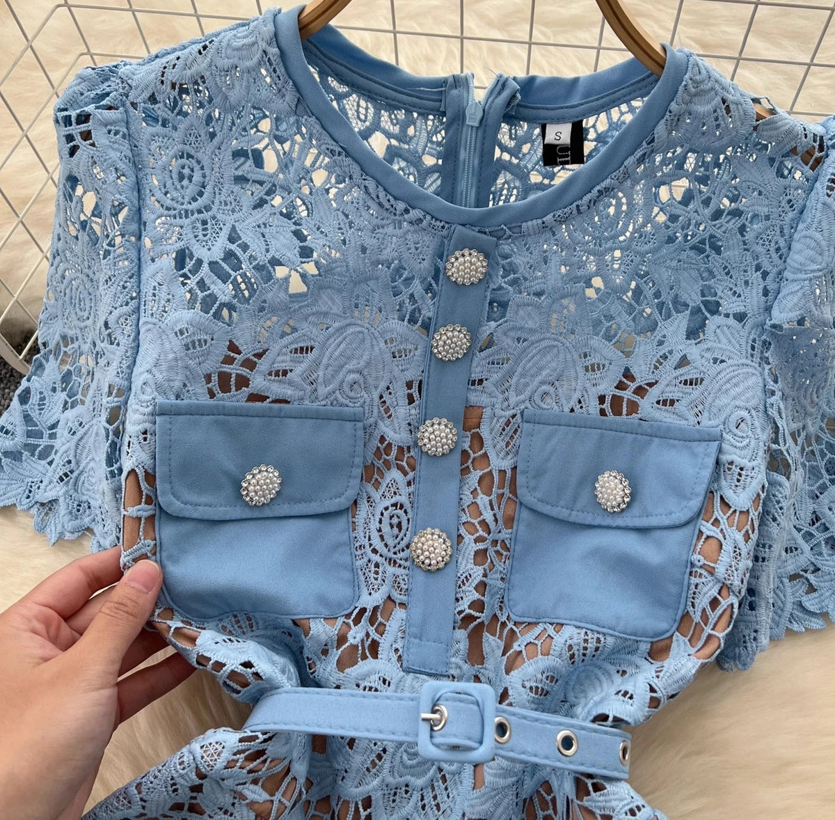 Blue Lace Dress Women Summer with Belt Short Sleeve Streetwear Clothing Lady Hollow Out Runway Design Vestidos Bodycon