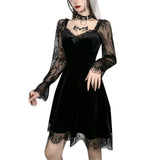 2024 New Fashion Women's Bandeau Long-sleeved Solid Color Dark Gothic Sexy Lace Stitched Dress