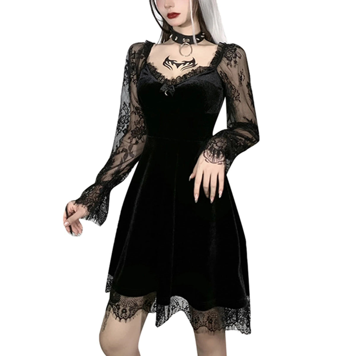 2024 New Fashion Women's Bandeau Long-sleeved Solid Color Dark Gothic Sexy Lace Stitched Dress
