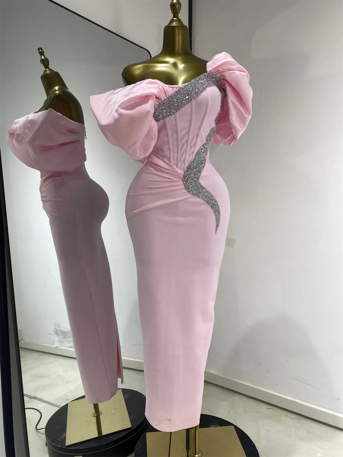 Pink Off Shoulder Satin Bandage Patchwork Evening Dress Silver Glitter Rhinestone Corset Formal Party Gown Guest Look Wholesale