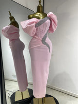 Pink Off Shoulder Satin Bandage Patchwork Evening Dress Silver Glitter Rhinestone Corset Formal Party Gown Guest Look Wholesale