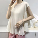 Pleated T-Shirt Summer New Simple Fashion Irregular Sleeveless Loose Casual Round Neck Women's Lightweight Stretch Top