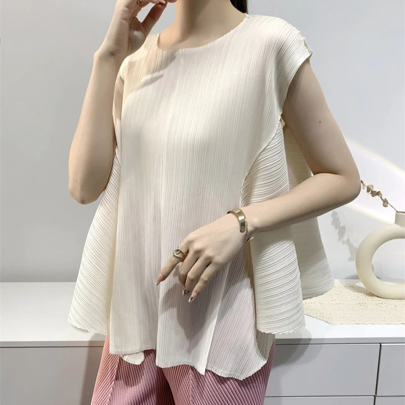 Pleated T-Shirt Summer New Simple Fashion Irregular Sleeveless Loose Casual Round Neck Women's Lightweight Stretch Top