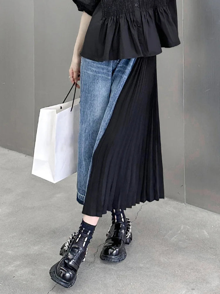 [EAM] High Waist Army Green Denim Pleated Long Wide Leg Jeans New Loose Women Trousers Fashion Tide Spring Autumn 2026 1DF7325