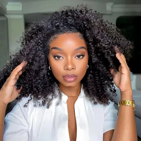 Glueless Half Wigs Human Hair Kinky Curly Headband Wig Upgrade 3 IN 1 No