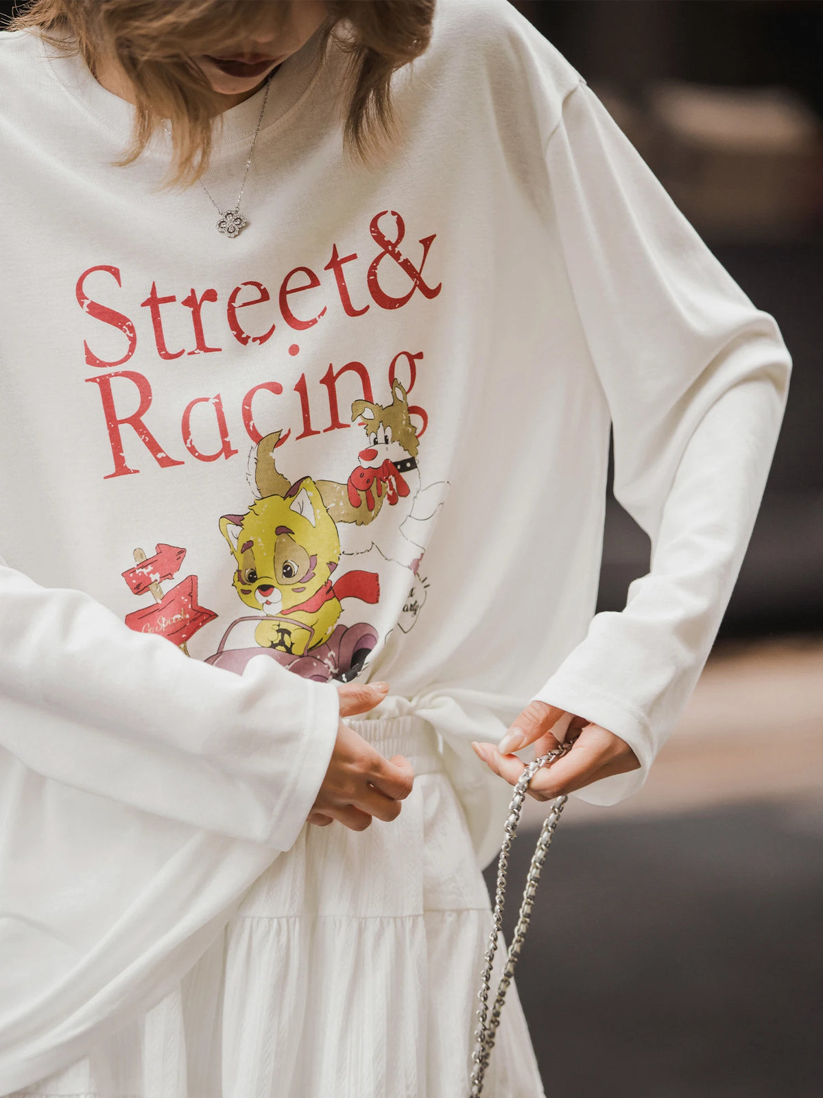 XIAOGULI Lyocell Cotton Long Sleeve T-Shirt Women Autumn New Breathable Cartoon Printed Tees White Versatile Layering Top