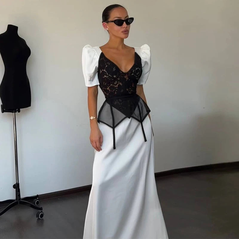 Elegant Women's Satin Lace Patchwork Waistband Dress V-neck Bubble Short Sleeved Zipper Dresses 2026 Summer Lady Party Robes