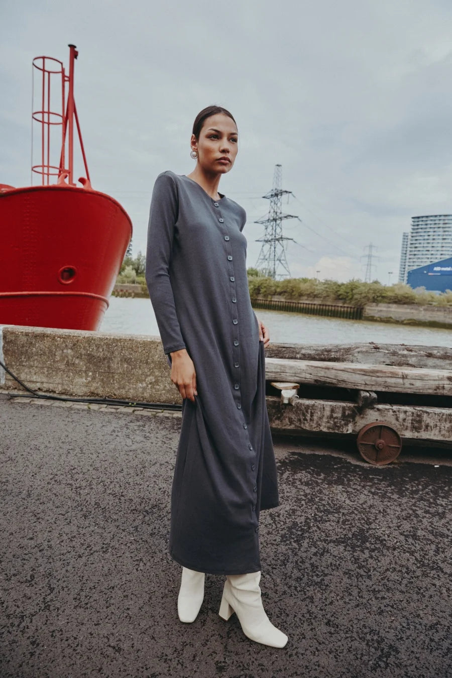 AS AW25 ribbing maxi dress woman fashion V neck comfortable button dress