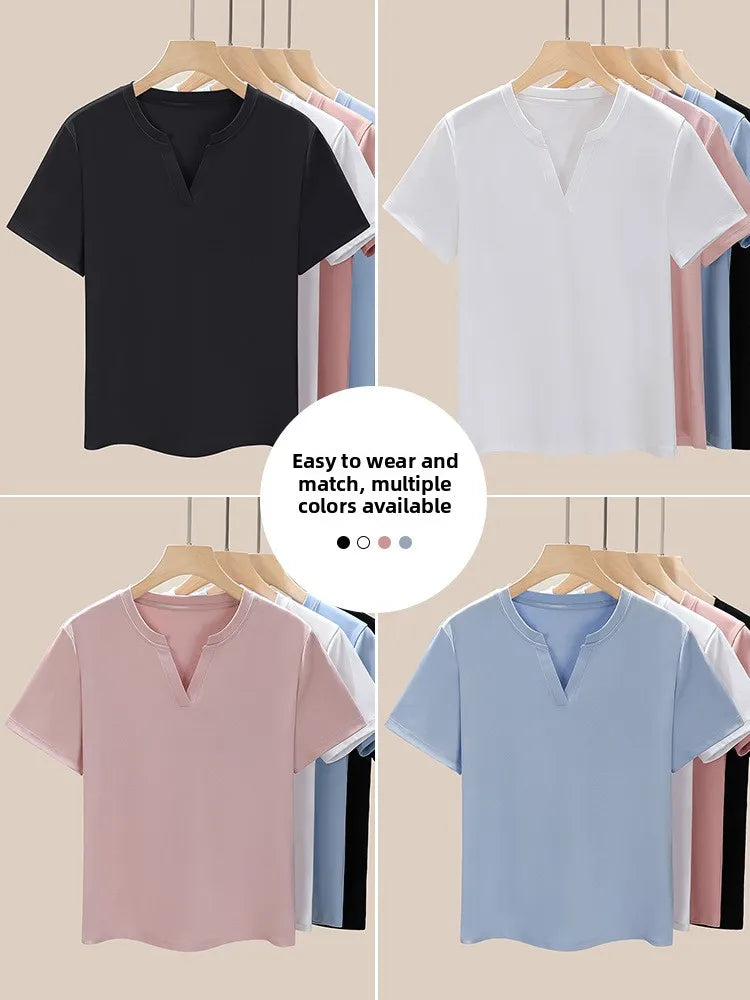 Women's 80s Double-Sided Mercerized Pima Cotton V-Neck T-Shirt 2025 Summer Oversized Slim Fit Soft Breathable Casual Comfy Top