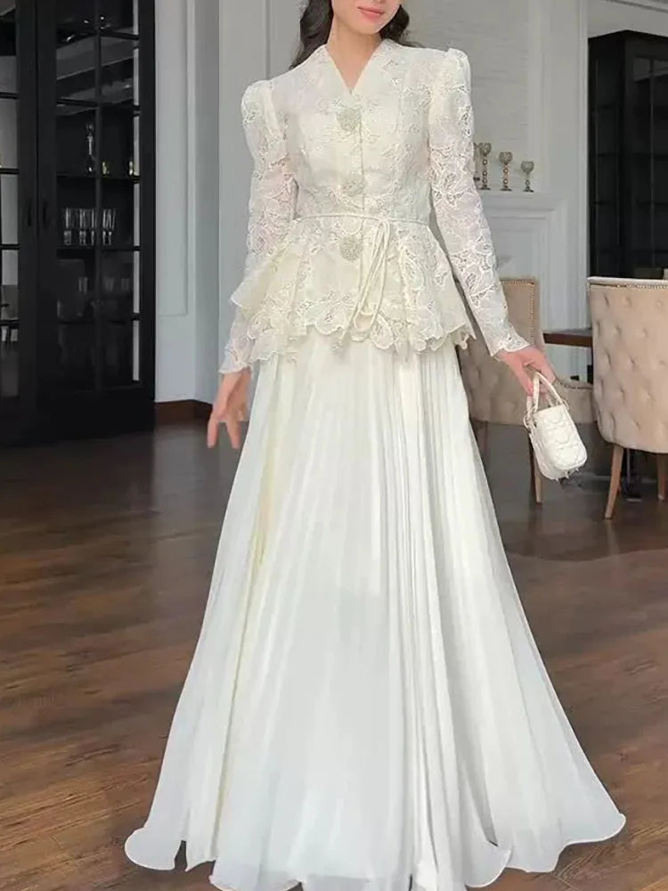 Elegant High Waist Ruffles Banquet Dress Fashion Long Sleeve Women's Party Dresses Sexy White Lace Embroidery Slim Evening Dress