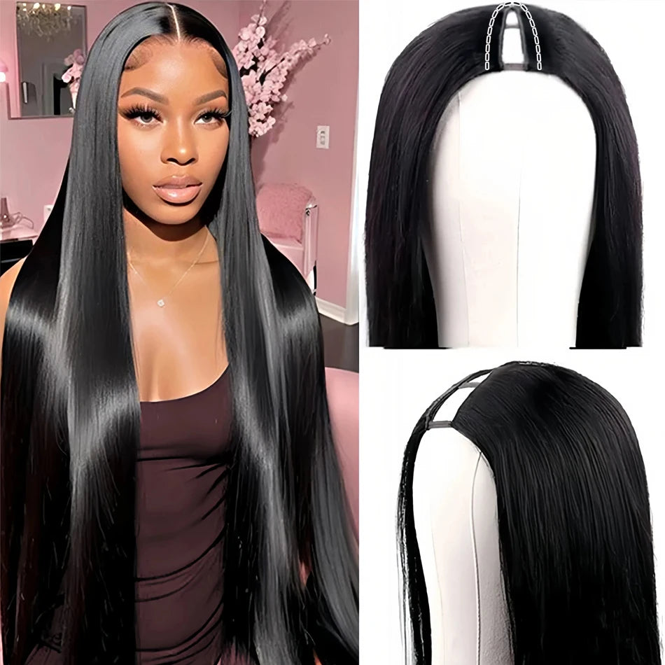 V Part Wig Bone Straight Human Hair Wigs For Women Brazilian Natural Color 250 Density Machine Made V Shape Wigs 40Inch
