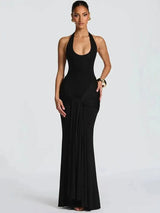 Mozision Halter Backless Sexy Maxi Dress Women Elegant V Neck Sleeveless Draped Ruched Bodycon Club Party Long Dress Female