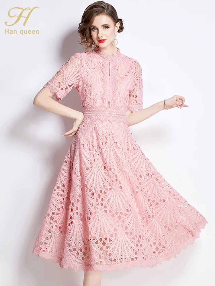 H Han Queen Spring New Elegant Casual Work Party Dresses Floral Crochet Hollow Out Lace Patchwork Casual Office Midi Dress