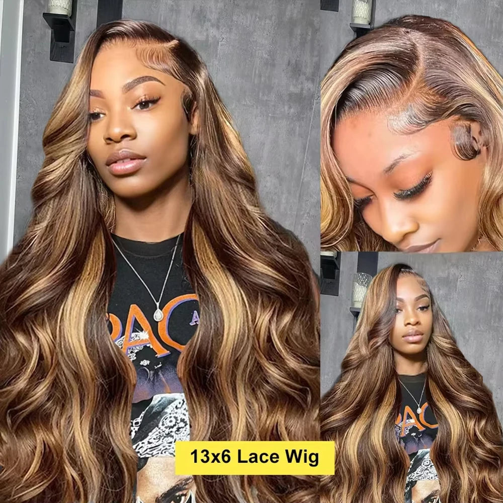 180% 200% Density Remy Human Hair Body Wave Wigs P4/27 Highlight Colored 13x4 13x6 HD Transpatent Lace Frontal Wig 18-46 Inch Pre Plucked Hair For Women