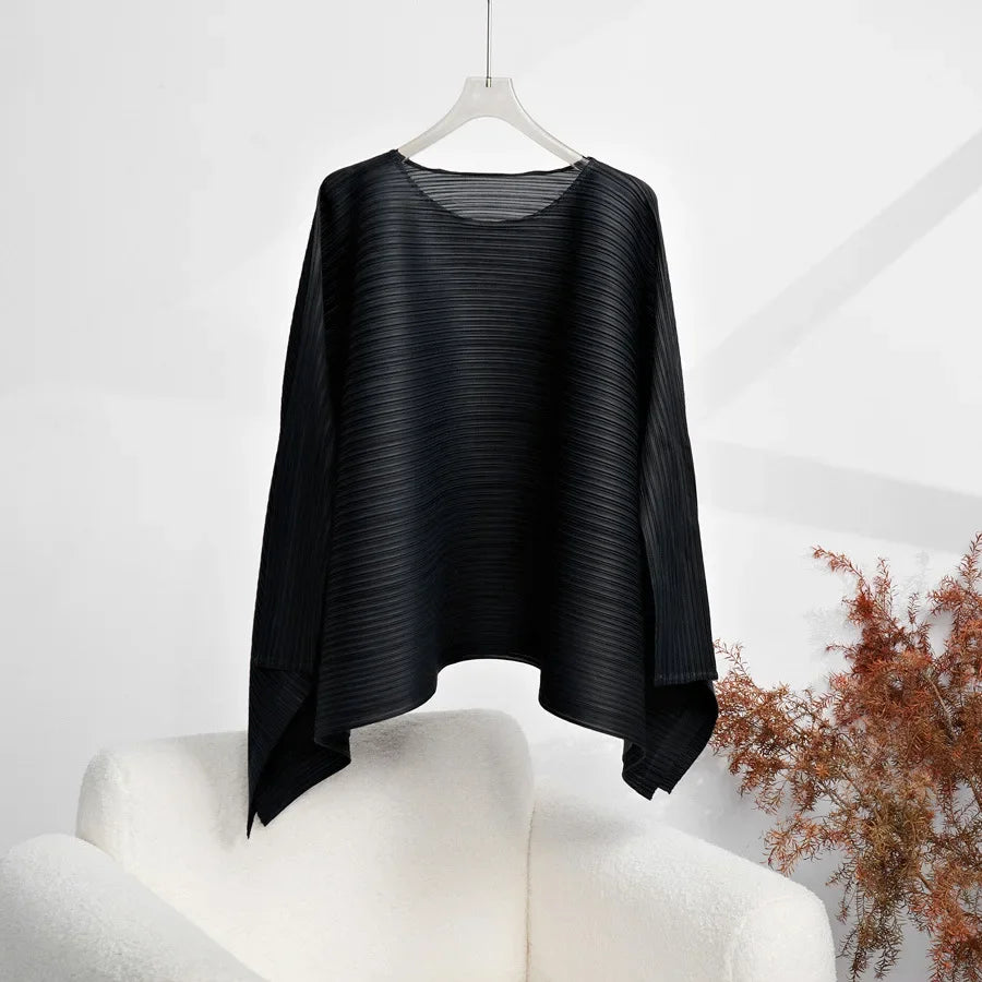 ALSEY Miyake Women's Long Sleeve Top Summer New Harajuku Style Simple Plus Size Loose Peplum Pleated T-shirt Female Clothing