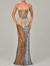 JULISSA MO Chiffon Print Leopard High Slit Baroque Women Dress Spaghetti Strap Maxi Dress Summer Skinny Elegant Party Clubwear