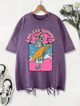 Endless Summer Surf Printing Washed T Shirts Womens Cottont-Shirts Distressed Oversized Crewneck Tops Vintage Womans Clothes