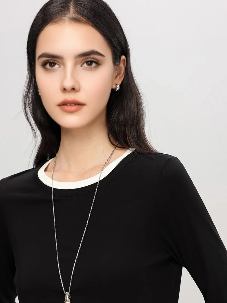 SuyaDream Women Cozy T Shirts, Silk Viscose Blend, Plain O Neck Long Sleeved Tee, 2025 Spring Autumn Basic Top, Black, Grey