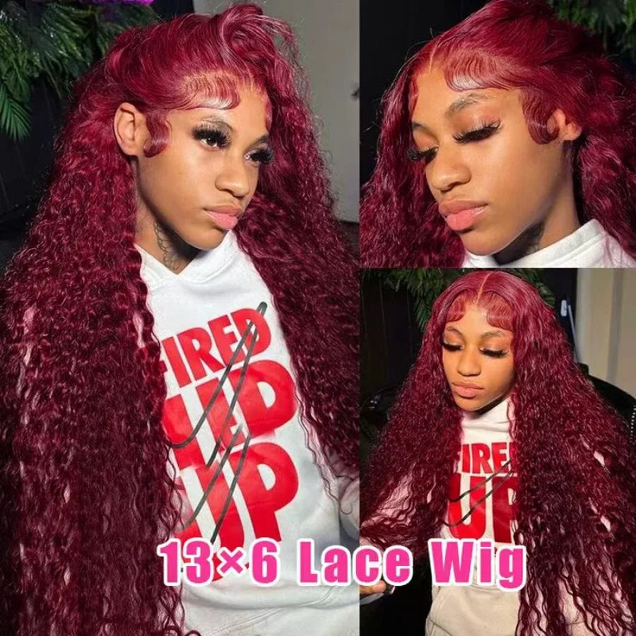 Dixtefo Burgundy Deep Wave Wigs Lace 200 Density 36 Inches Lace Frontal Human Hair for Women