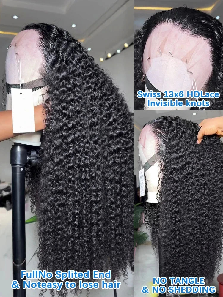 34 Inch Human Hair Water Wave Wig Natural Color 13x6 Frontal Curly Lace