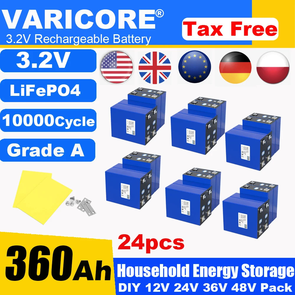 Grade A 3.2V 360AH 340Ah Battery LiFePO4 Lithium Iron Phospha for 12V 24V 4S E-scooter RV Solar Energy Storage System Duty-free
